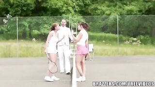 A cute girl has sex with her friend on the tennis court