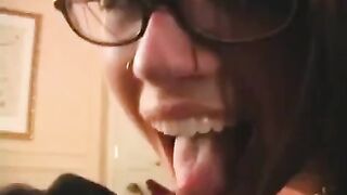 The fool is happy in glasses and the fact that they gave the member to suck