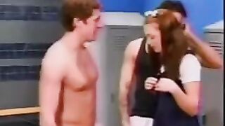 A cute school girl ended up in a men's locker room by chance