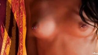 Babe with pierced nipples fingers her pussy, showcasing her unique style in a solo performance