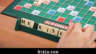 A young and sexy blonde has sex with a shy old peasant in the kitchen