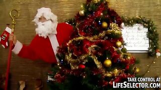 A hot Russian slut is servicing five guys wearing Santa suits