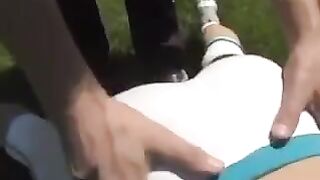 A cum shot on the big tits of a hot brunette woman