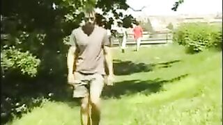 A man caresses his big dick in the hayloft