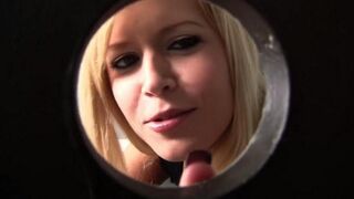 Blonde girl sucks cock through a hole in the toilet bowl