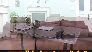 Skinny bitch gives a deepthroat blowjob on the couch