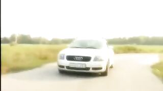 A sexy girl with a shaved pussy was given on the car bonnet