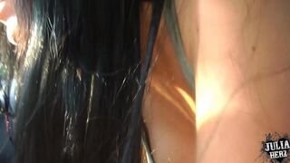 Beautiful brunette with big tits making blowjob in the car