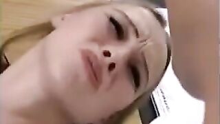 Fragile blonde gets her pussy smashed by a fisting threesome