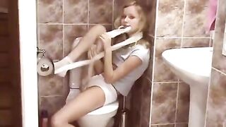 A hot blonde has a surprise for you in the public toilet!
