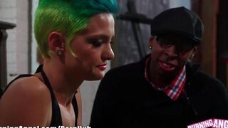 Hot emo blonde in anal action, wearing a white skirt and black stockings