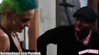 Hot emo blonde in anal action, wearing a white skirt and black stockings