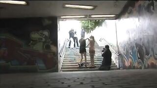 The hot girl was tied up and a guy had his way with her on the street