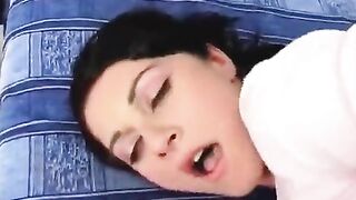 Brunette woman gets cum on her face after anal sex