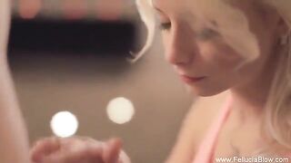 Blonde beauty gives a blowjob in the studio, showcasing her skills