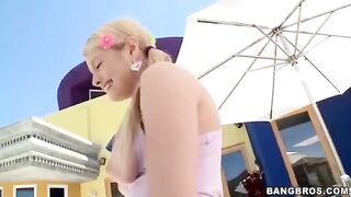 A blonde girl sucks a dick for a long time