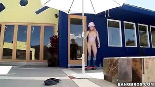 A blonde girl sucks a dick for a long time