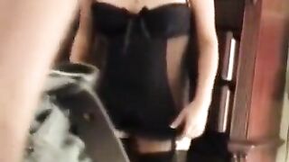 Horny wife fucks in corset and stockings on the bed