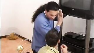 Two guys fucked blonde whore as payment for fixing the TV set