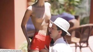 A young beauty is being fucked by a Russian guy without using condoms