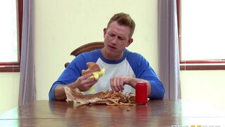The wife, not waiting for her husband, fucks herself with a cucumber