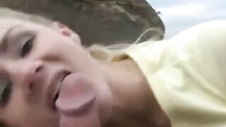 The dessert from sperm on the face of a young blonde, after blowjob