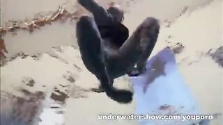 Nude beauty has sex in the swimming pool