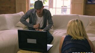 A depraved blonde with big tits fucks with her daughter's boyfriend on the couch