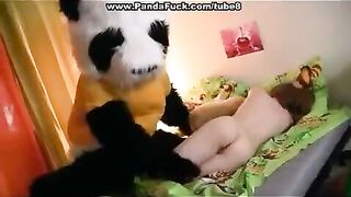 The plush Mishka was fucked by her pervert boyfriend on the bed