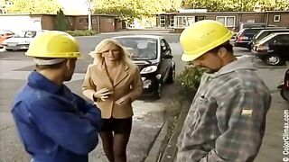 Girl in black pantyhose is fucking on the set of adult film