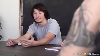 The guy fucks the girl whose legs are tied to the bed