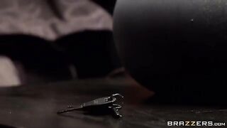 The guy fucks the girl whose legs are tied to the bed