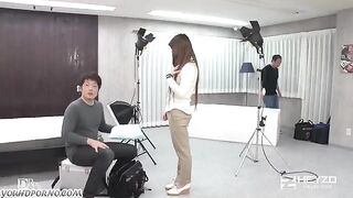 Japanese girl at porn casting, she is a little nervous but continues