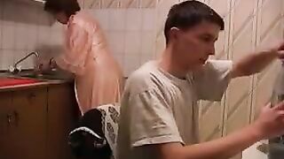 Mom gets fucked in the kitchen, it's even hotter than usual