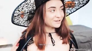 Lesbian beauties have fun on Halloween in a role play