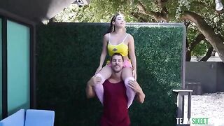 Latina with small boobs plays with a huge toy in her mouth