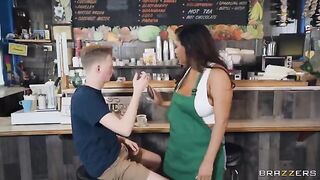 Big tits barista makes coffee and fucks with a guy