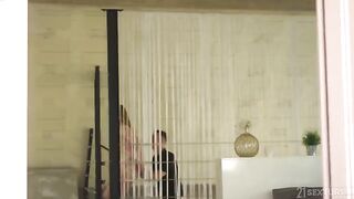 A couple has a threesome with another pair, featuring intense double penetration action