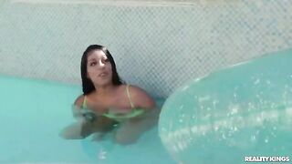 A hot girl is having swimming lessons in the pool, you know