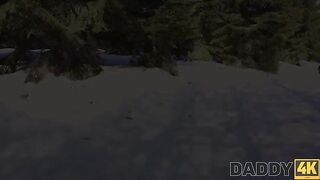 Sex on the sled by the fireplace with a big breast beauty
