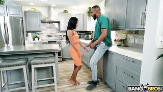 A very big dick in a tight pussy, all this is happening in the kitchen