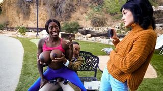 Old fart flashes his donger on a bench, gets fucked by horny black bitch