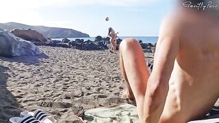Two hot girls met a guy who was jerking off on the nude beach