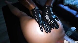 A man penetrated the pussy, and then smeared it with oil and massaged it