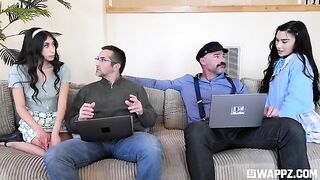 A group sex party with young and sexy beauties on the couch