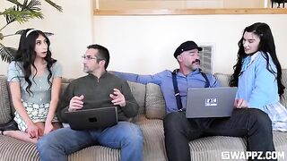 A group sex party with young and sexy beauties on the couch