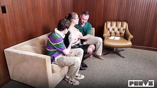 A guy solved his problems by fucking on a comfortable couch with three girls