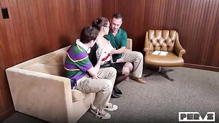 A guy solved his problems by fucking on a comfortable couch with three girls