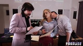 A hot whore is fucking with traders in an office setting