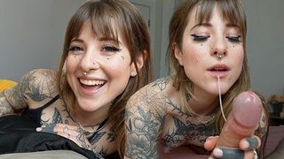 Hot tattoo girl gets her throat used in steamy action